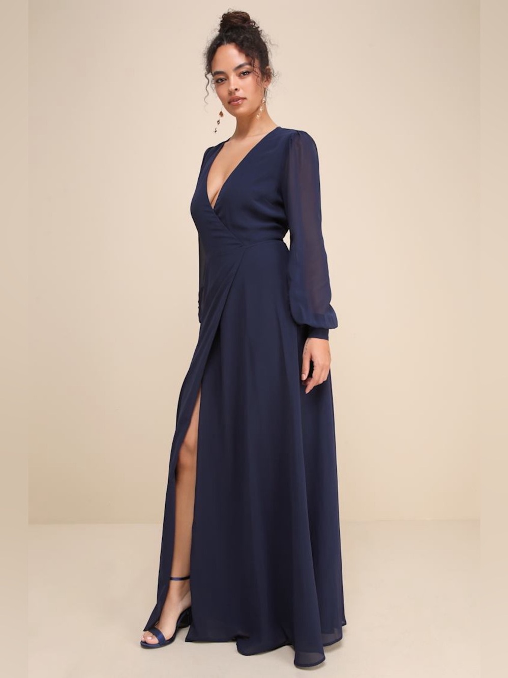 Lulus My Whole Heart Dark Navy Blue Long Sleeve Wrap Dress Size XL NWT